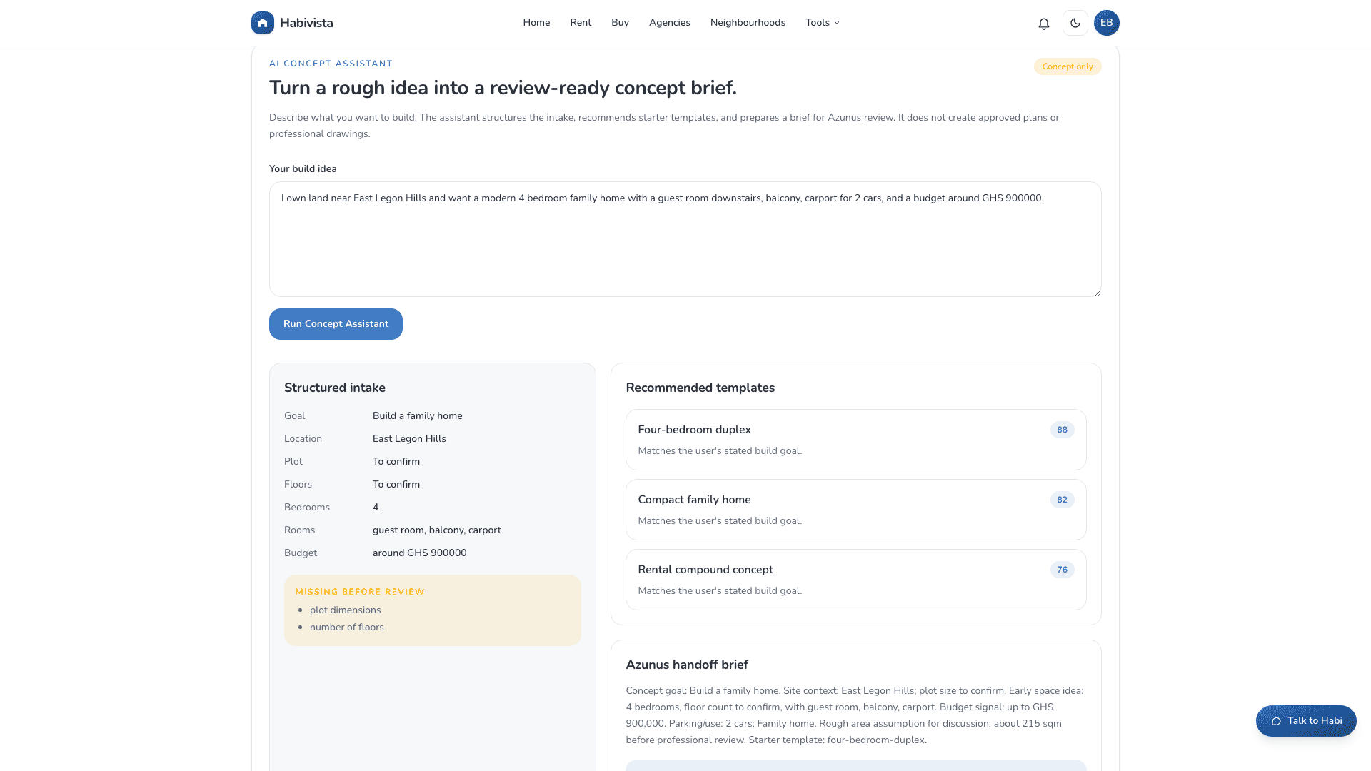 Concept Assistant output with structured intake, template suggestions, and handoff actions